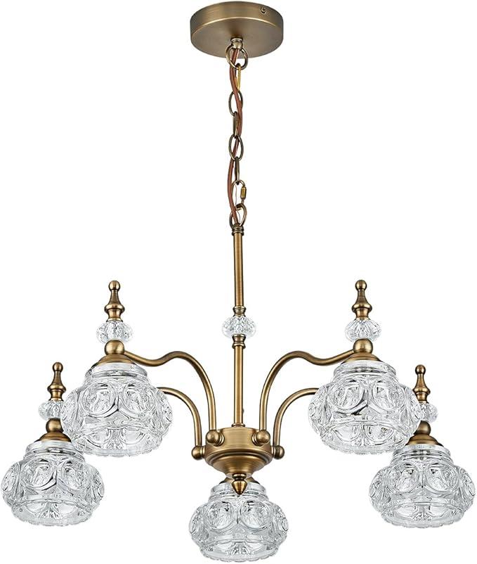 5-Light Gold Glass Pendant Light, Rustic Style, Matte Brushed Antique Brass Finish with Glass Shade for Kitchen Island