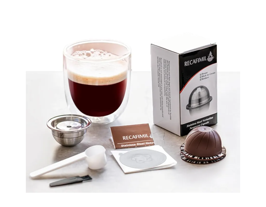 Ve‘rtuo.line Refillable Coffee Capsule Reusable Pod Compatible for Ne-spreso V-ertuoPlus, Stainless Steel Reusable Coffee Capsules Pods (2.4 oz)
