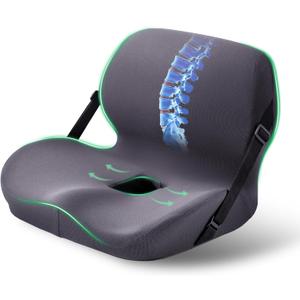 FuturaLoom One-Piece Memory Foam Seat & Back Cushion - Lumbar Support, Adjustable Strap, Non-Slip Bottom - Breathable Removable Cover for Office Chair, Car, Truck (Grey)