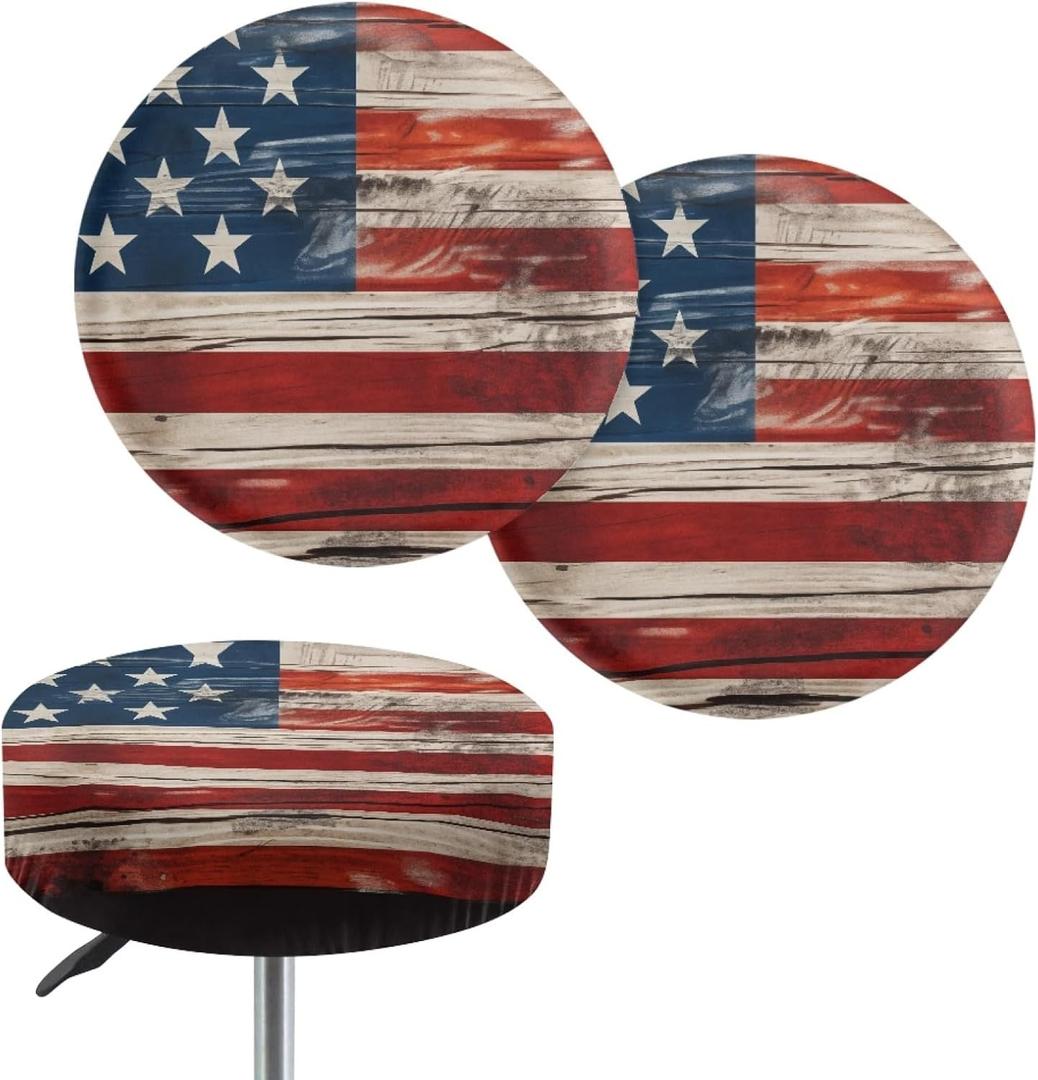 GLENLCWE Retro American Flag Stool Covers Round,4Pack Patriotic Round Bar Stool Covers Washable Bar Stool Slipcovers with Elastic Edge