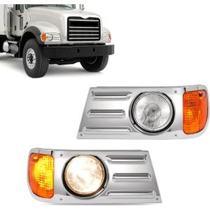 HECASA Pair Headlight+Corner Light+Headlight Bezel w/Bulbs Compatible with Mack CV713 Truck Replacement for 2MO534AM 2MO533AM Front Headlamp Trim Cover Corner Lamp Clear Lens Chrome Housing LH&RH