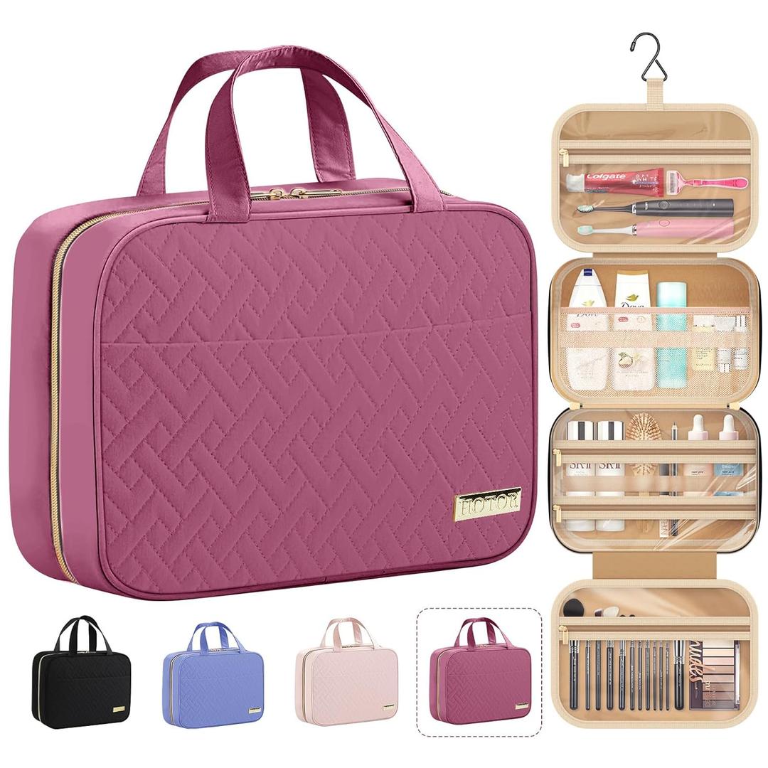 HOTOR Travel Toiletry Bag - Toiletry Bag w/Hanging Hook - Spacious Toiletry Bag for Women & Men, Makeup Bag/Big Compartment, Waterproof for Travel Accessories, Travel Essentials, Medium (Rosewood-Pink)