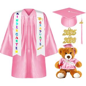 Sintuff 7 Pcs Kindergarten Graduation Gown Cap 2025 Preschool Graduation Accessories Stole Tassel Sash Charm Bear Gifts (30, Pink)
