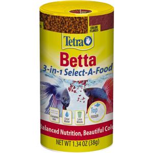 Tetra BettaMin Select-A-Food Variety Pack for Betta Fish, 1.34 oz | 3 Betta Fish Foods In 1 - Flakes, Freeze-Dried Shrimp & Floating Pellets, Enhances Color & Supports Digestion, Feed Daily (EXP 05/31/28)