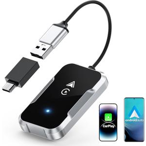 2-in-1 CarPlay and Android Auto Adapter with USB and Type-C Ports, Wireless CarPlay Adapter for iPhone iOS 10 and Above and Android 11 and Above(Silver)