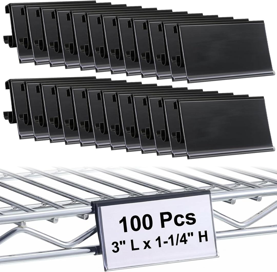 Elsjoy 100 Pack Wire Shelf Label Holders, Compatible with Metro 1-1/4" Shelves, Plastic Wire Rack Price Tag Clips, Black
