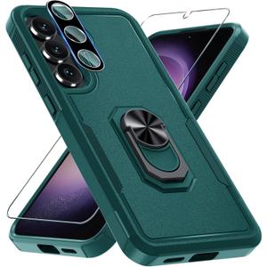 Janmitta for Samsung Galaxy S25 FE Case with Screen Protector+Camera Lens Protector,Heavy Duty Shockproof Full Body Protective Cover Built in Rotatable Metal Ring Holder Kickstand,2025 Dark Green