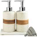 2-Pack Ceramic Soap Dispensers Set, Includes Stainless Steel Pump, Silicone Funnel and Diatomaceous Tray, Hand Soap, Dish Soap, Shampoo and Conditioner Dispenser for Bathroom & Washroom, White