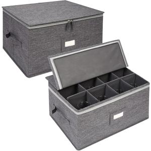 popoly Stemware Storage Containers (2 pack), Wine Glass Storage Box with Dividers for Glassware or Crystal, Holds 12 Red or White Wine Glasses, Hard Top and Stackable (Grey)