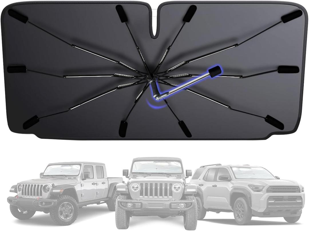 [2025 Upgraded] Windshield Sun Shade Umbrella - Foldable Car Sunshade for Jeep Wrangler/Gladiator, for Toyota 4Runner/Land Cruiser, Front Window Sun Shade with Silver UV Block & Heat Shield(Small)