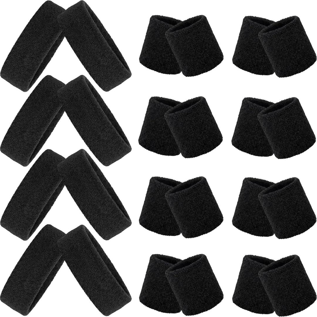 24 Pieces 80s Neon Sweatbands Set, Include 8 Sports Headbands and 16 Sweat Wristbands Elastic Athletic Tennis Sweat Bands Bulk for Man Woman