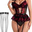 Women Lingerie Set Naughty Lace Bodysuit High Waisted Underwire Lingerie Babydoll With Garter Belt and Stockings (Large, Black & Red)