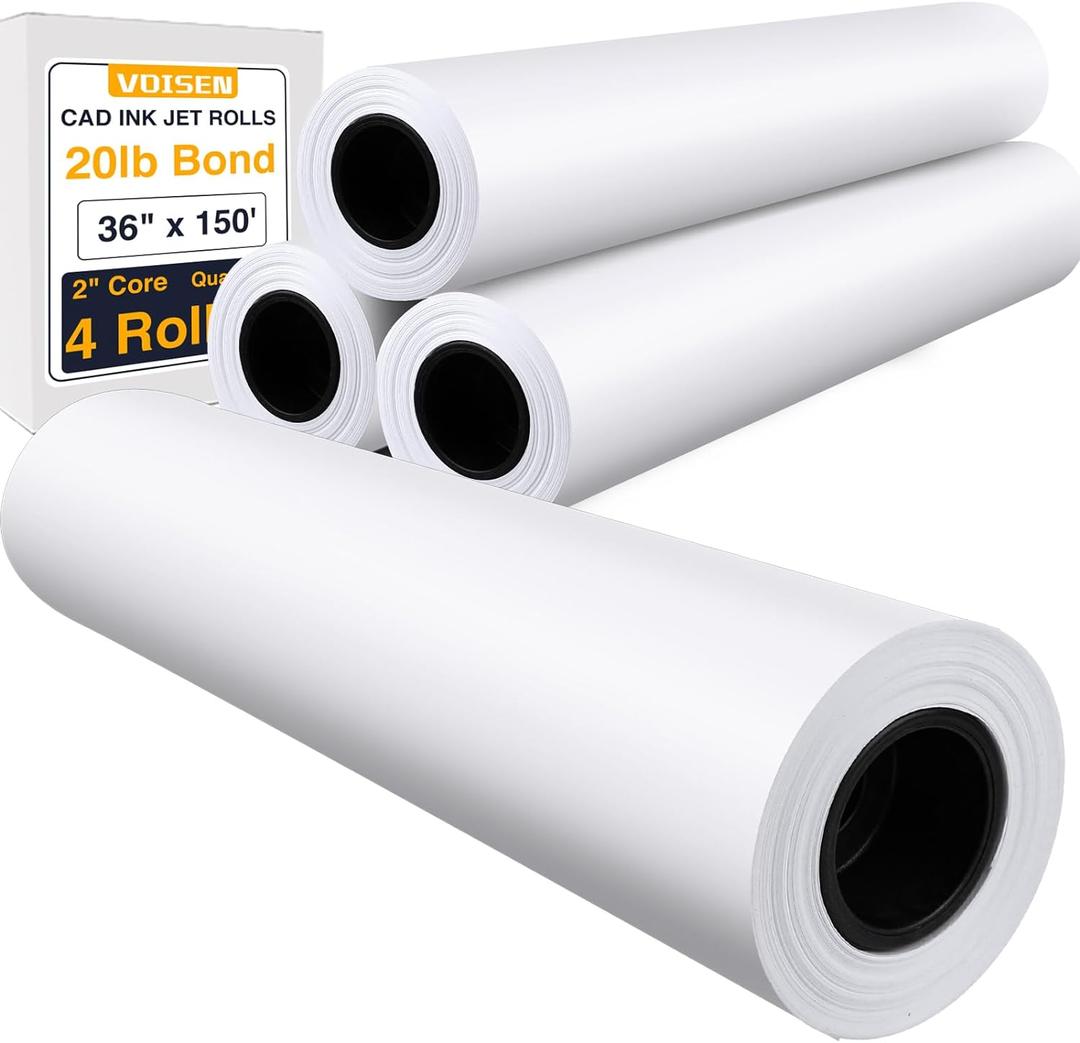 VOISEN Wide Format Paper,4 Rolls Plotter Paper 36 In x 150 Ft, CAD Bond Rolls,20lb,Bond Paper on 2" Core for CAD Printing on Wide Format Ink Jet Printers