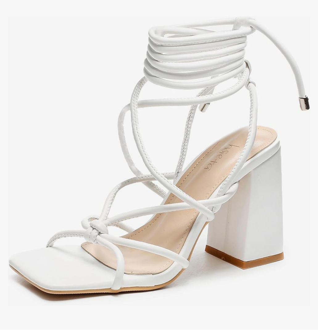 Womens Strappy Heels Lace Up Chunky Heel Sandals, Cute Block Heel Wrap Sandals for Women Dressy Sexy with Square Toe Left size is Missing Size 6.5