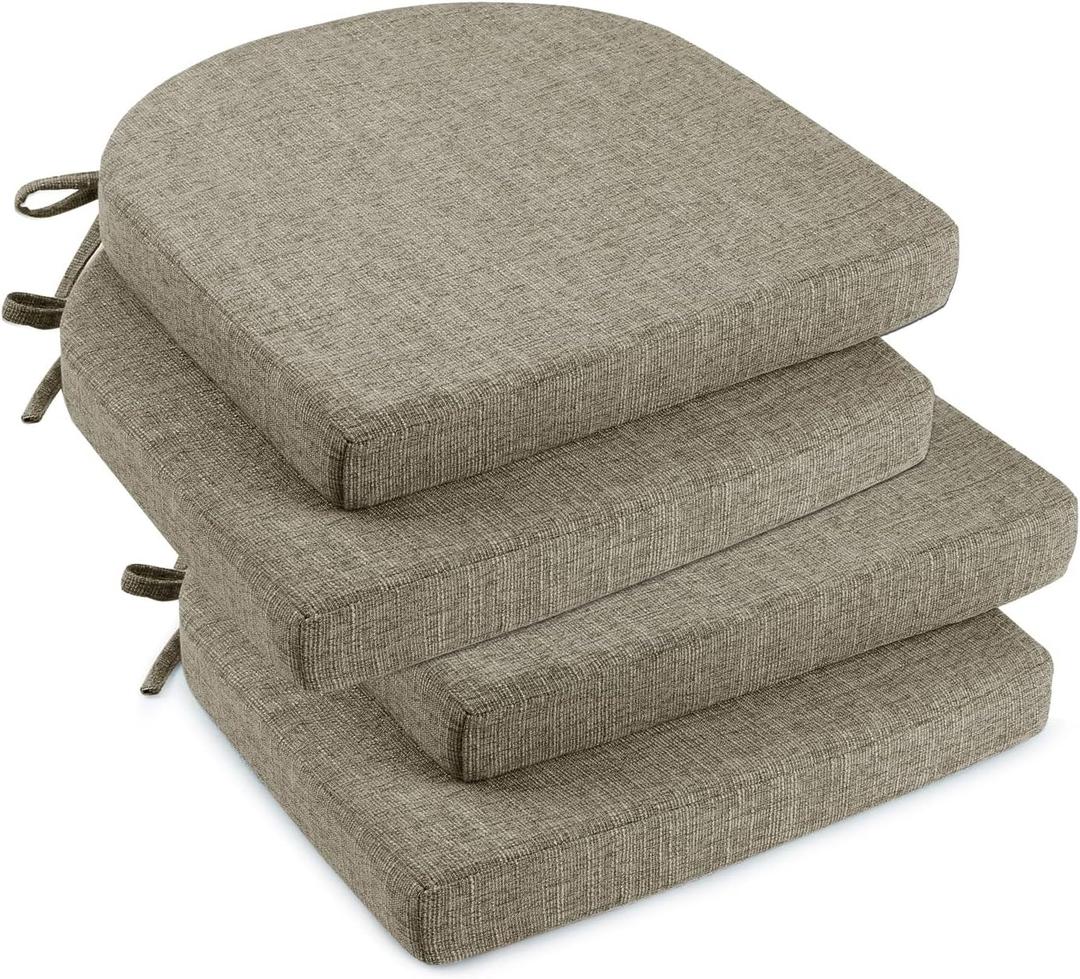 downluxe Indoor Chair Cushions for Dining Chairs, Soft and Comfortable Textured Foam Kitchen Chair Pads with Ties and Non-Slip Backing, 16" x 16" x 2", Khaki, 4 Pack