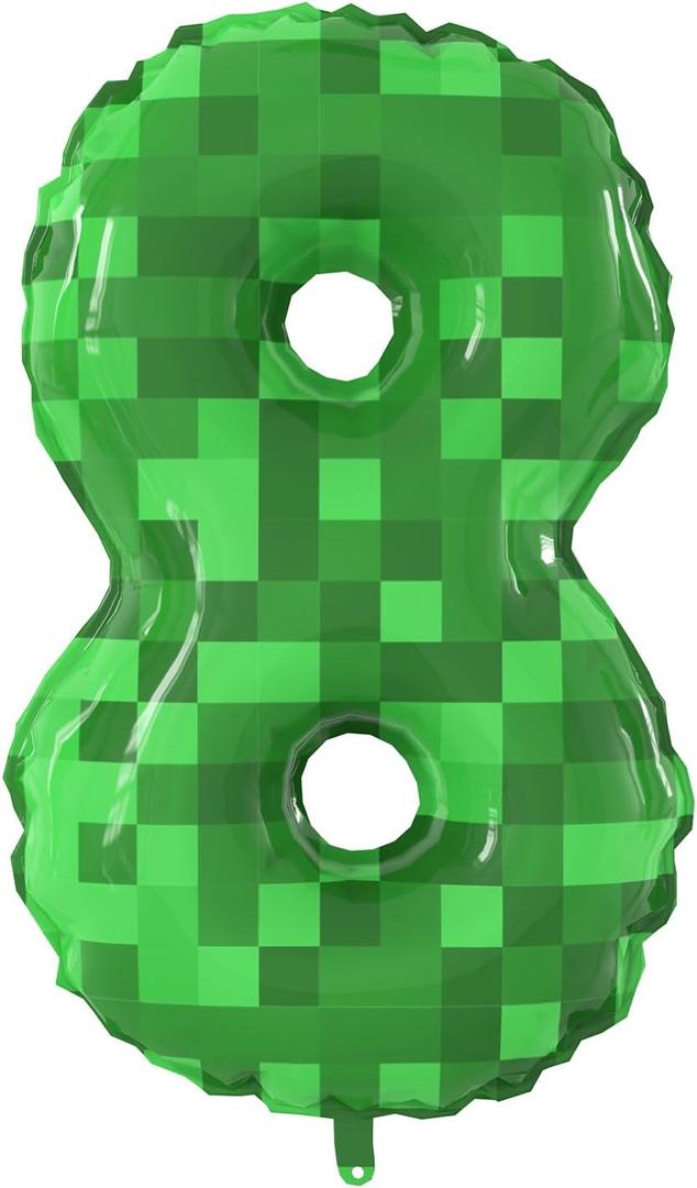 40 Inch Large Mining Number 8 Foil Balloons Green Pixel Miner Theme Number 5-9 Balloons Kids Party Giant 8th Happy Birthday Party Decorations Supplies for Boy or Girl