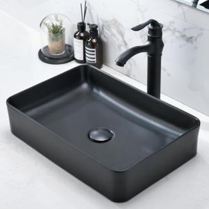 20 Inch Black Bathroom Sink Rectangular, 20x14 Bathroom Sinks Above Counter Porcelain Ceramic Countertop Hand Wash Vessel Bathroom Sink Art Basin, Black, 20" x 14"