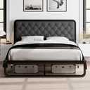 Feonase Queen Bed Frame, Upholstered Platform Bed Frame with Heavy-Duty Metal Steel Slats, Diamond Linen Headboard, 12" Storage Space, Noise Free, No Box Spring Needed and Easy Assembly, Dark Gray