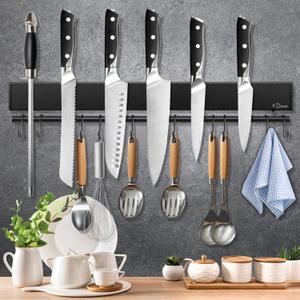 Dmore magnetic knife holder for wallwith 10 hooks, No Drilling 17 Inch black knife magnetic strip, Extra Strong Magnet knife rack, include Adhesive Tape and screws for Knives and Tools