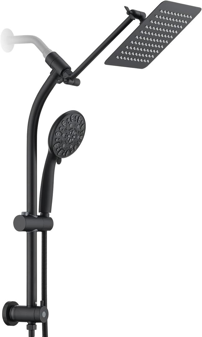 Rainfall 8 Inch Shower Head with High Pressure Handheld Spray Combo, Drill-Free Slide Bar with Adjustable Shower Extension Arm, 3-Way Low Diverter for Easy Reach, 5Ft Hose- Matte Black