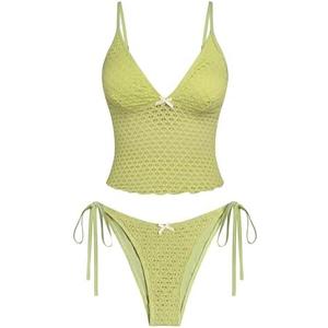ZAFUL Tankini Swimsuits for Women Lace Jacquard Bowknot Decor Tummy Control High Cut Tanga Tankini Set, M