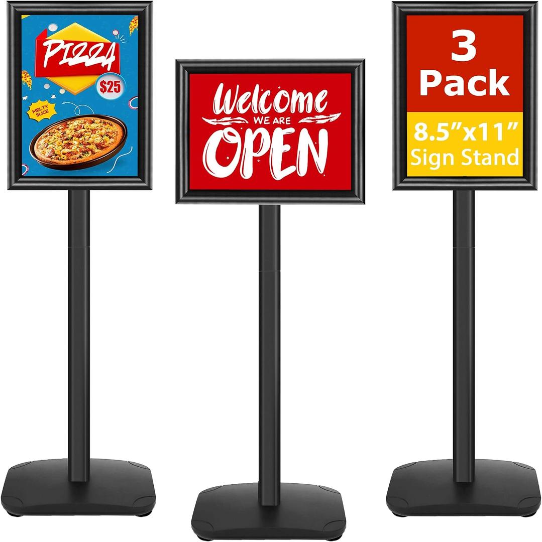 3 Pack Heavy Duty Sign Holder Stand 8.5x11 Inch - Pedestal Floor Standing Sign Holder with Weighted Base - Vertical & Horizontal Poster/Menu Display Stands for Indoor/Outdoor Advertising, Black
