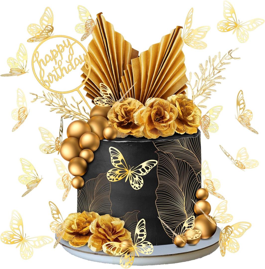 Shimeyao 52 Pcs Gold Happy Birthday Cake Topper Decoration Boho Wedding Cake Topper Rose Flower Butterfly Palm Leaves Balls Birthday Decoration for Women Men Party Decor(Gold)