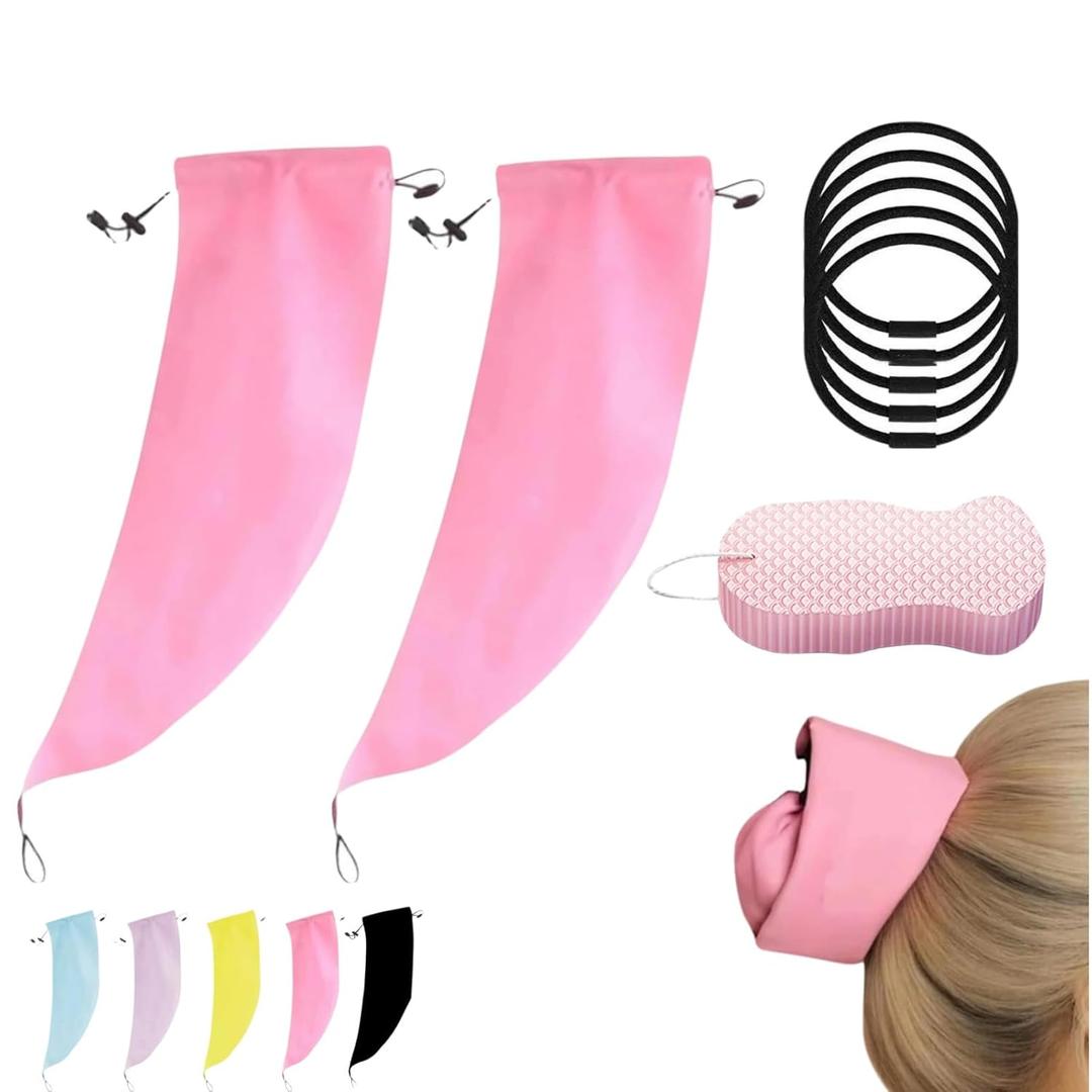 Waterproof Hair Sleeve for Long Hair & Crown Washing Shower Cap with Hair Tie and Bath Sponge - Adjustable Ponytail Design, 5 Colors, Single or 2-Pack, Quick Root Refresh (pink*2 pcs)