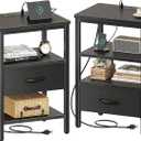 SUPERJARE Nightstand Set of 2, Bed Side Tables with Charging Station, Adjustable Fabric Drawer, Night Stand for Bedroom, 3-Tier Storage End Tables, Black