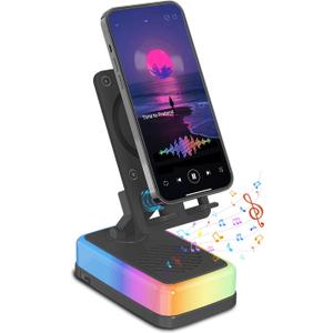 Wireless Induction Speaker with 180 Flexible Phone Stand, Bluetooth 5.3 Speaker for Desk with 3000mAh Emergency Power Bank, 5 in 1 Phone Speaker Amplifier with RGB Light, Gift for Men Women (Black)