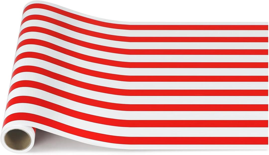 AmazingSpark Red Striped Table Runner Roll - 25' Long x 16 Wide Disposable Paper Striped Table Runner for Birthday Wedding Carnival Christmas Party Kitchen Dining Tabletop Decoration