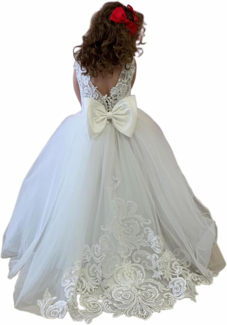 Flower Girls Dress for Wedding Lace Tulle Princess Pageant Dress Kids Prom Ball Gowns with Bow-Knot and Tail (6, White)