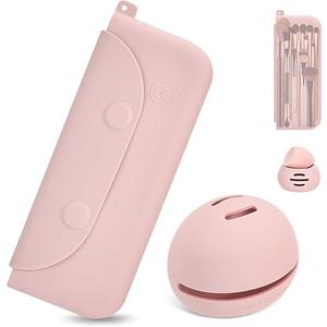 Silicone Makeup Brush Holder And Beauty Sponge Case, Travel Makeup Brush Case With Magnetic Closure, Makeup Sponge Holder 2 In 1 Stand Storage For Quick Drying Khaki