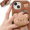 Kawaii 3D Teddy Bear Phone Case for iPhone 15 Pro Max (with Retractable Phone Stand & Grip) Cute Girly Cartoon Soft Silicone Phone Cover for Girls, Kids, Teens, and Women, Brown
