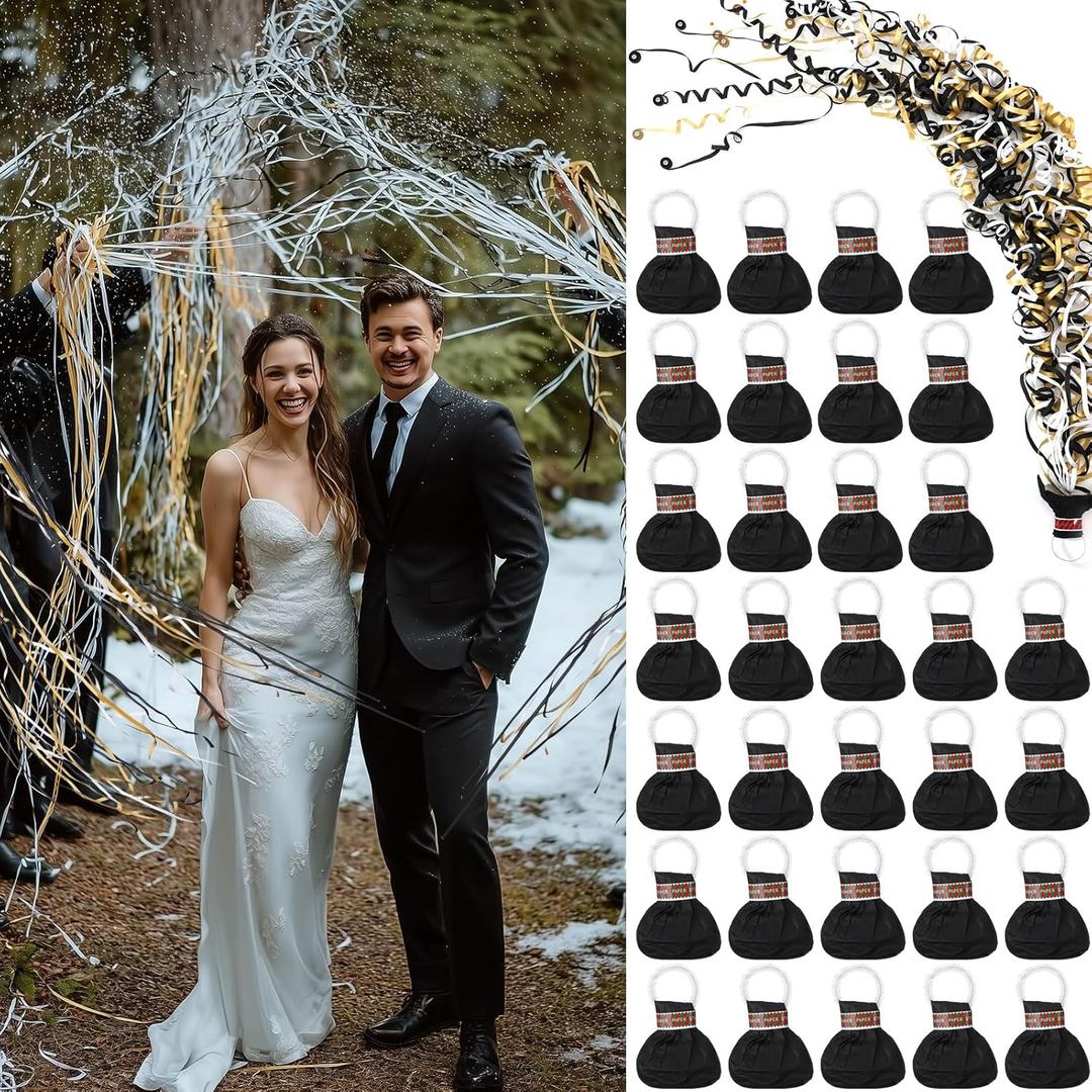 50 Pack Streamer Poppers Black Gold White No Mess Confetti Poppers Hand Throwing for Wedding Birthday Halloween Party Celebration Confetti Salute Celebration Favors, 3 Mixed Colors