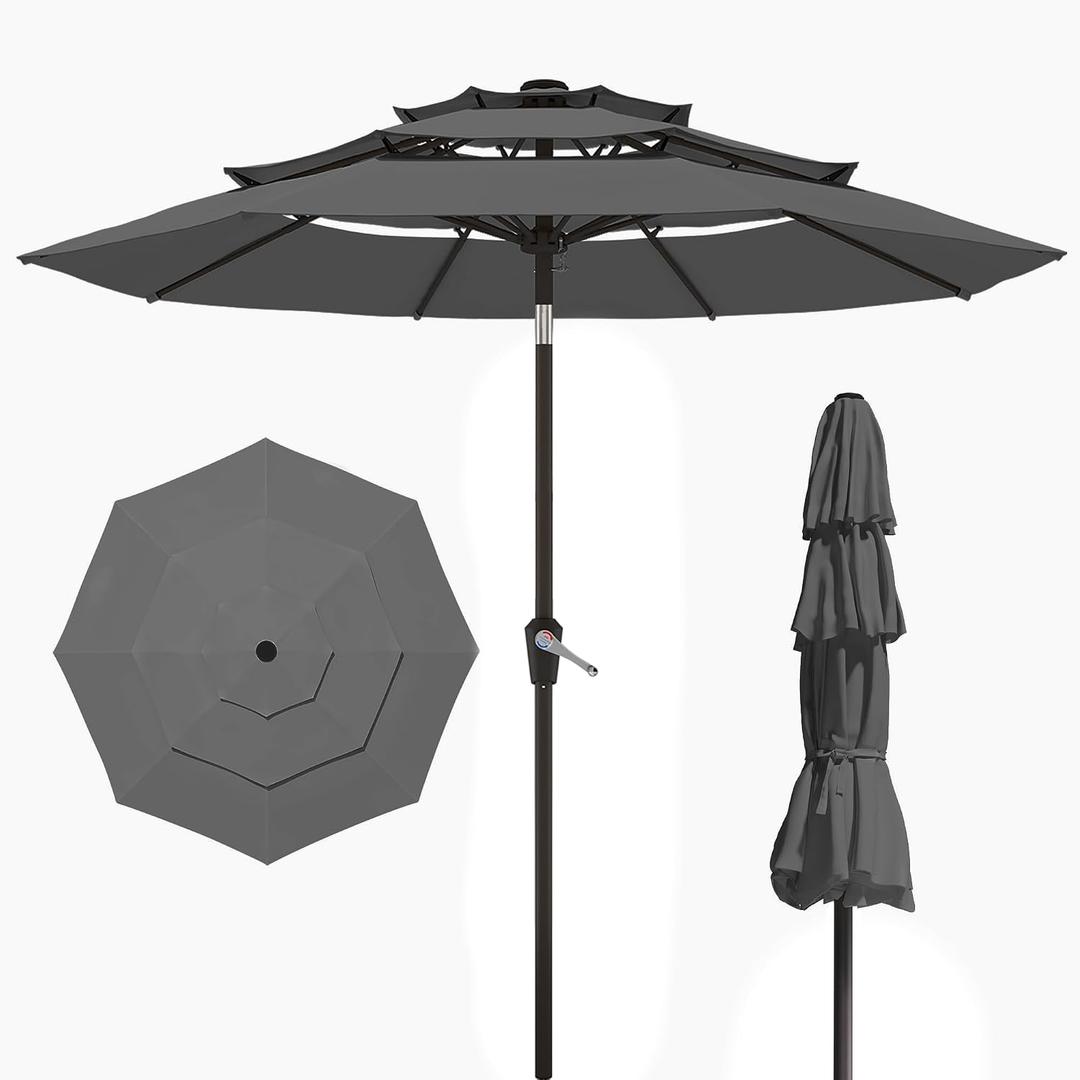 10FT Patio Umbrella 3 Tiers Outdoor Market Umbrella w/Push Button Tilt, Crank, UV and Waterproof Table Umbrella for Garden, Pool, Backyard, Deck, Lawn, Grey