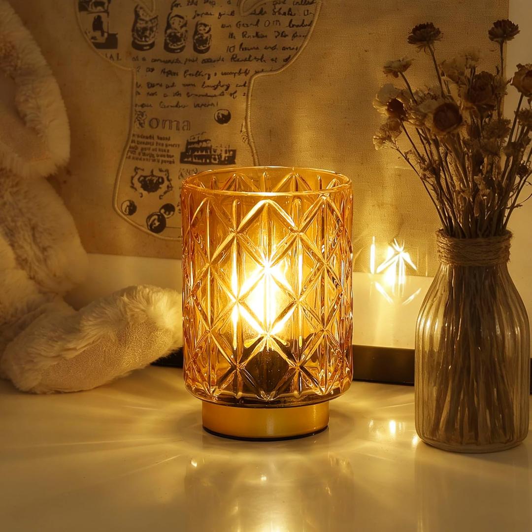 Battery Operated Table Lamp with Timer for Bookshelf/Bedside,Cordless Small Cozy Ambience Decorative Glass Lamps for Nightstand/Dorm/Office Cubicle/Desk/Counter Table Decor(Golden)