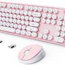 Wireless Keyboard and Mouse Combo, Ergonomic Full Size Typewriter Retro Round Keycaps Keyboard, Compatible with Windows, PC, Perfer for Home and Office Keyboards (Lovely Pink)
