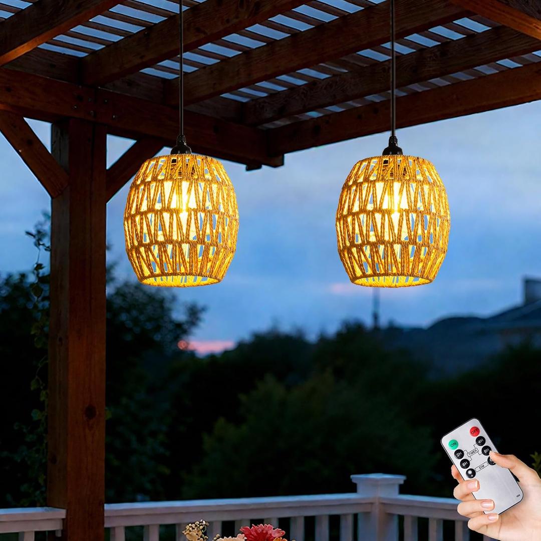 Battery Operated Chandelier, 2 Pack Natural Rattan Pendant Lights - Waterproof Outdoor Boho Hanging Lamps with Egg-Shaped Design, for Patios, Pergolas, Porch, Gazebo & Indoor Ceiling Decor