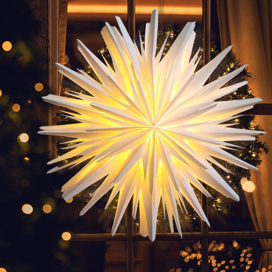 3D LED Paper Star Lantern - Christmas Decorations Indoor, Twinkle Fairy Lights Window Decor, Holiday Party Hanging Lighted Stars Ornaments, 18"  White