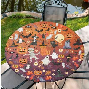 Round Tablecloth with Elastic Edge, 36-60Inch Waterproof Table Cloth for Dinner, Outdoor, Picnic, 44inch, Hallowmas
