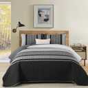 Dinjoy Queen Quilt Set Dark Grey,Striped Bedspread Queen Size, Fall Bedding Sets 3 Pieces Micofiber Lightweight Mens Quilts with 2 Pillow Shams Black Gray Coverlet Bed Sets for Family 96''x90''