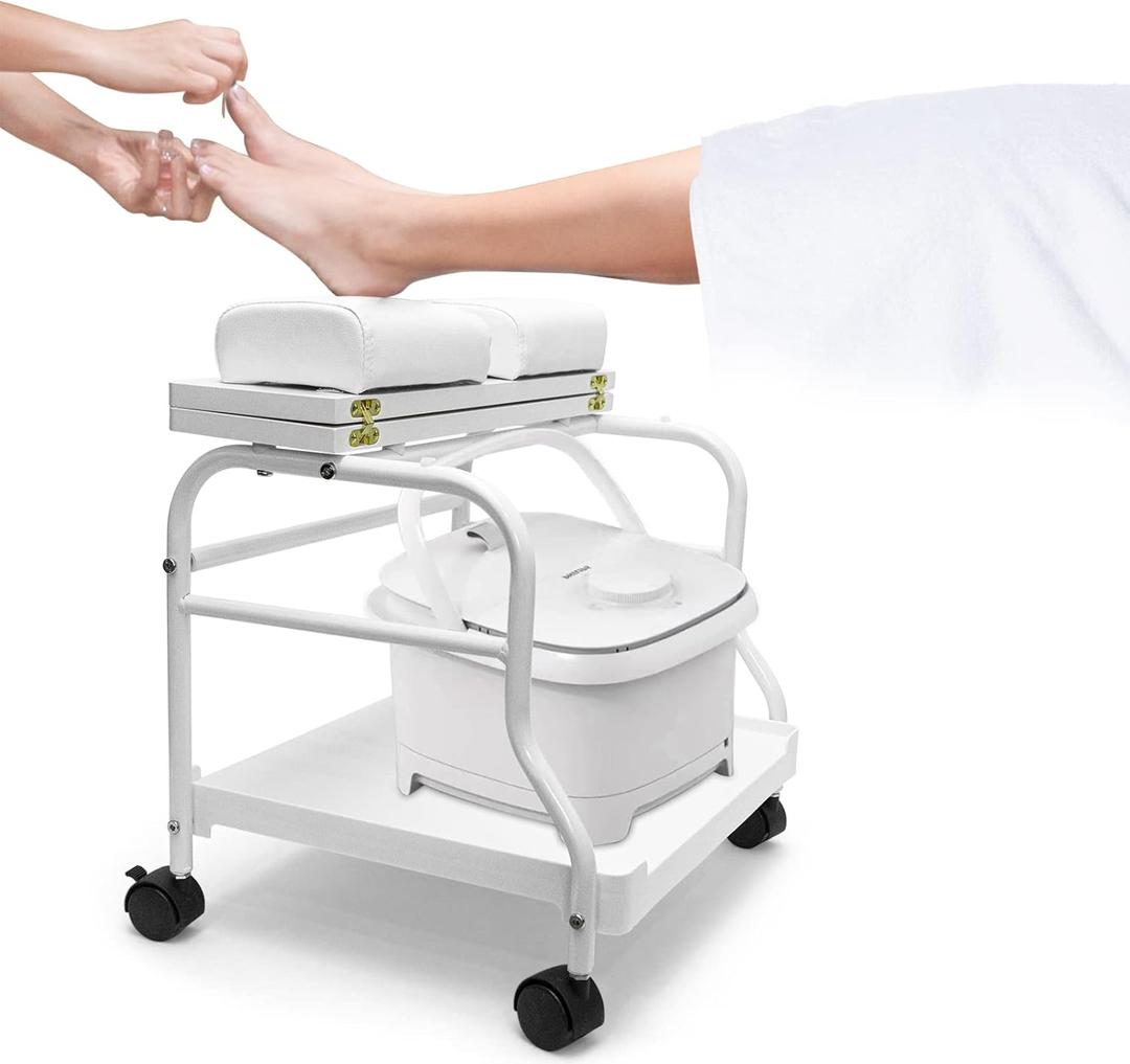 Beauty Salon Nail Or Foot Bath Spa Portable Trolley, Cart for Foot Rest Pedicure Manicure Funiture Massage Table Salon Supplies, Movable White Footrest Stand 2 pack