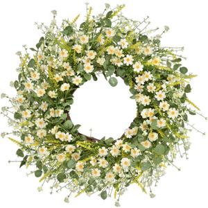 LSKYTOP 24 Inches Artificial Daisy Flower Wreath with Eucalyptus Leave Silk Flower White Berries Spring Summer Wreath for Front Door Wall Decor
