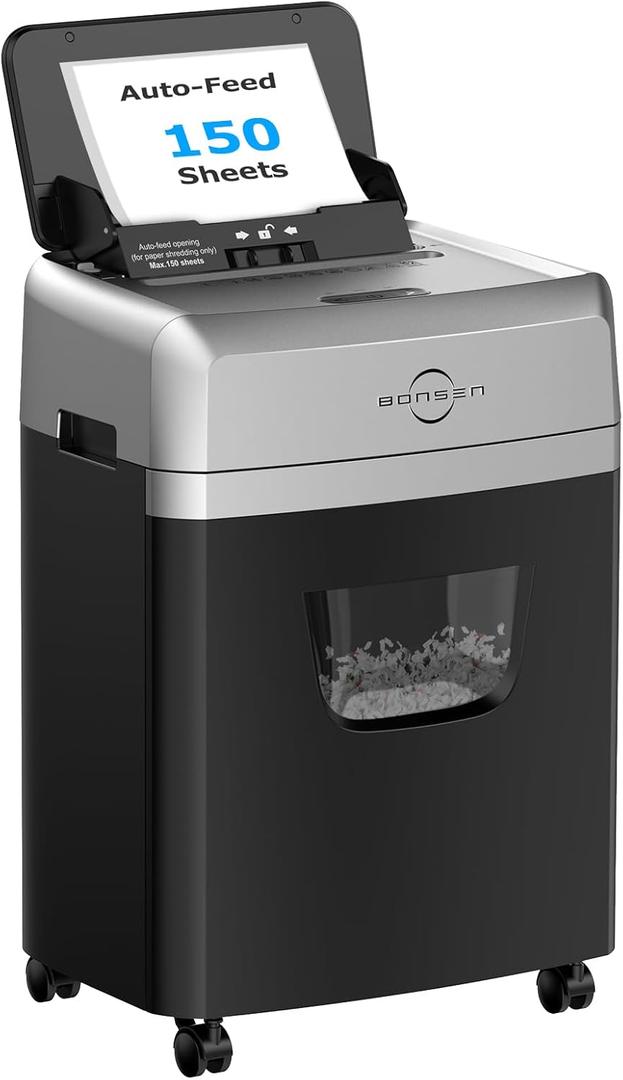 BONSEN 150-Sheet Autofeed Paper Shredder Heavy Duty, 60 Mins Micro-Cut Shredder for Office, 6 Gal Large Capacity Bin P-4 High Security Commercial Document Shredders for Home Office S3114