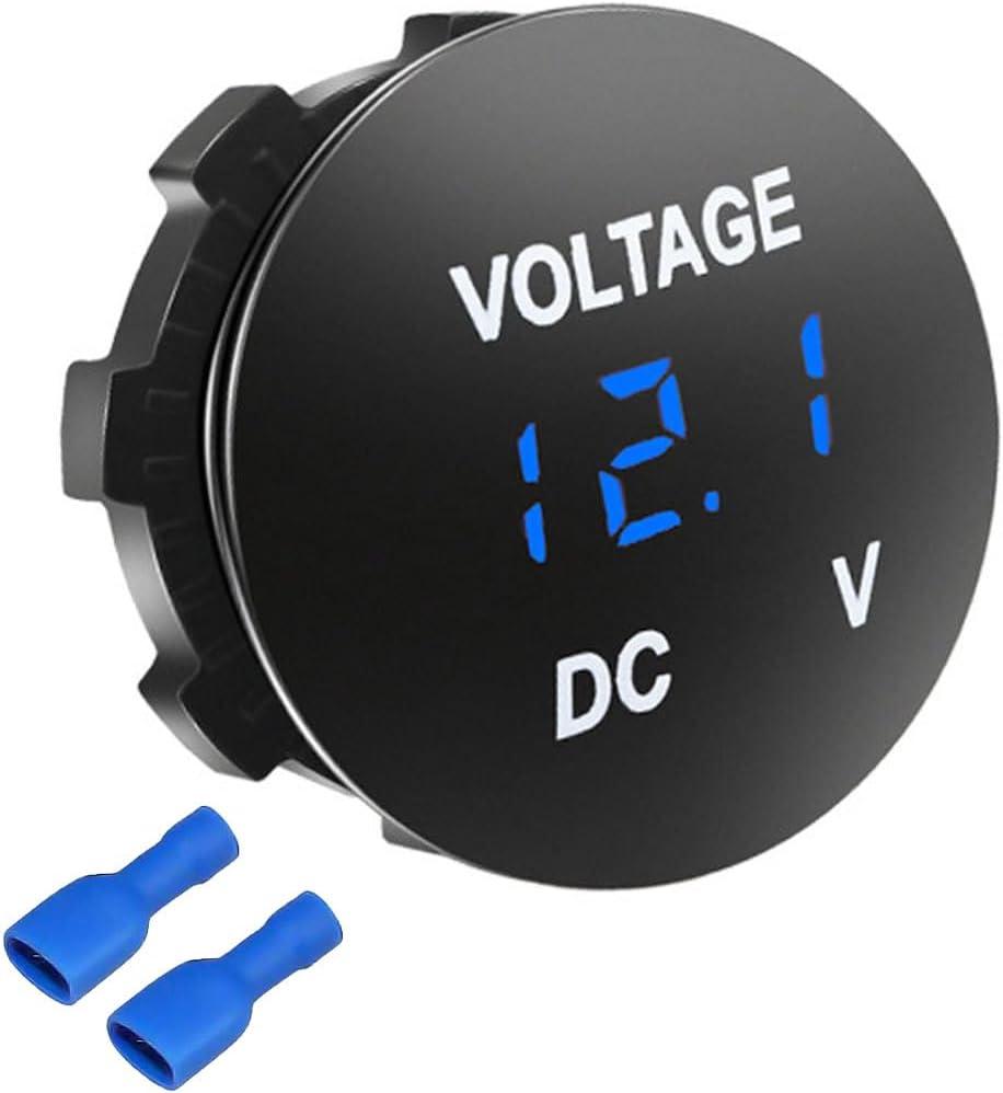 Battery Voltage Meter, DC 12V Waterproof Voltage Meter Tester, LED Digital Display Voltage Gauge Meter, Battery Monitor Indicator, Round Panel Voltage Gauge for Car Motorcycle Boat (Blue)