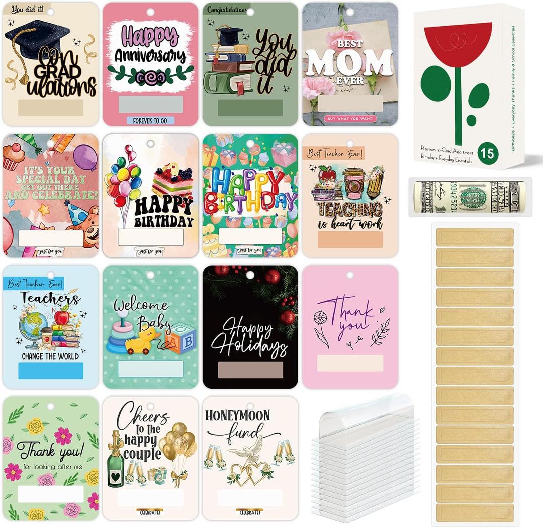 All-Occasion Money Holder Cards 15-Pack, 5x4  Double 300gsm, Gloss Front, Writable Back  Clear Cash Strip + Adhesive  Graduation, Birthday, Teacher, Wedding, Holidays