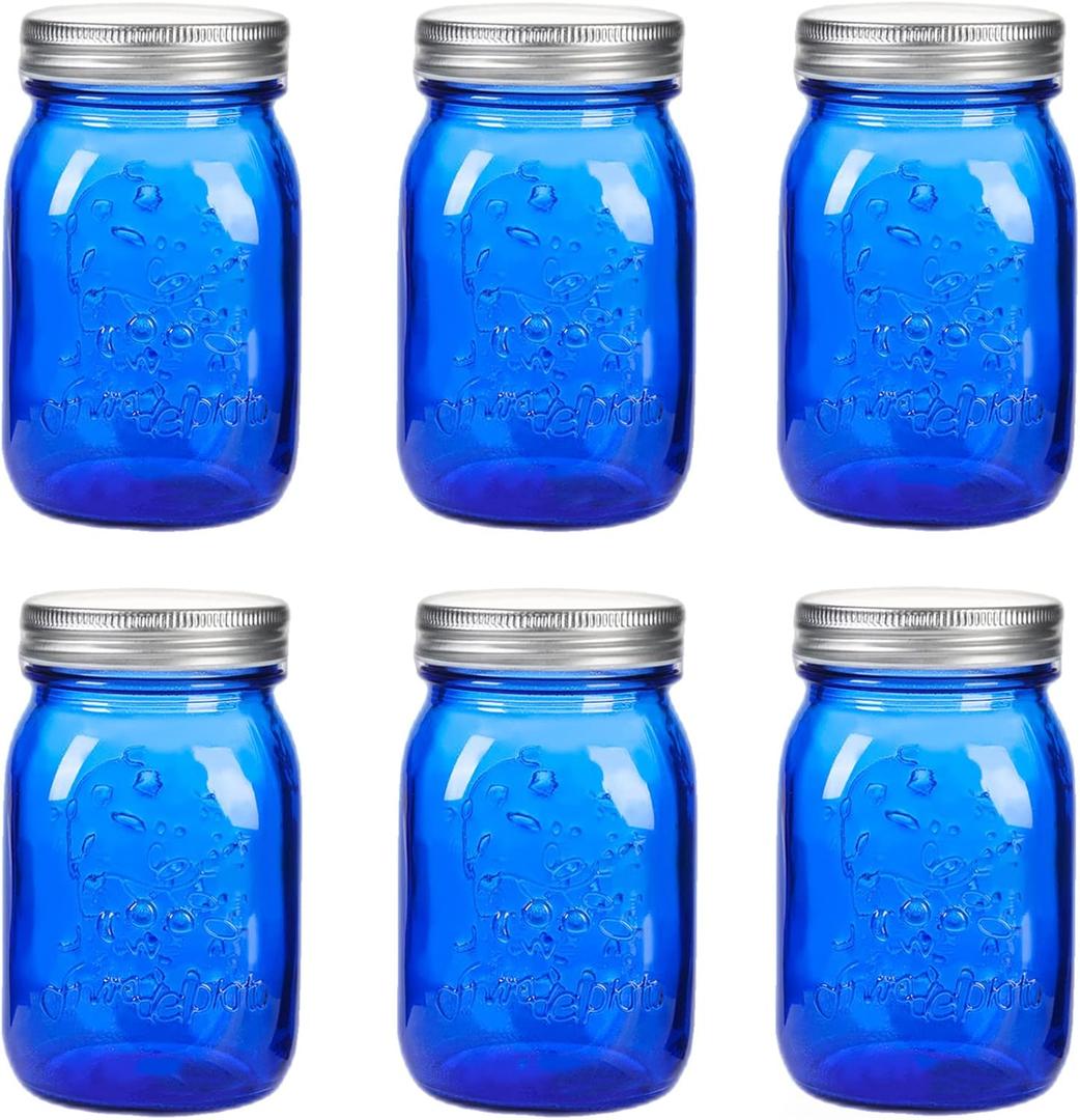 Amzcku 16 oz Blue Mason Jars with LidsRegular Mouth Canning Jar, 6 Pack Multifunction Glass Container, for Storage, Canning, Pickling, Preserving, Fermenting, DIY Crafts & Decor, Medium