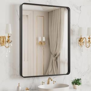 LOAAO 20X16 Inch Black Metal Framed Bathroom Mirror for Wall, Matte Black Bathroom Vanity Mirror Farmhouse, Large Rounded Rectangle Mirror, Anti-Rust, Hangs Horizontally or Vertically