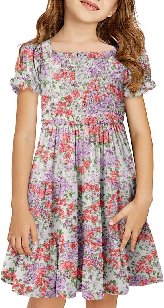 Yoklass Girls Casual Smocked Dress Square Neck Puff Short Sleeve Ruffle Dresses (8-9 Years, A Purple Red)